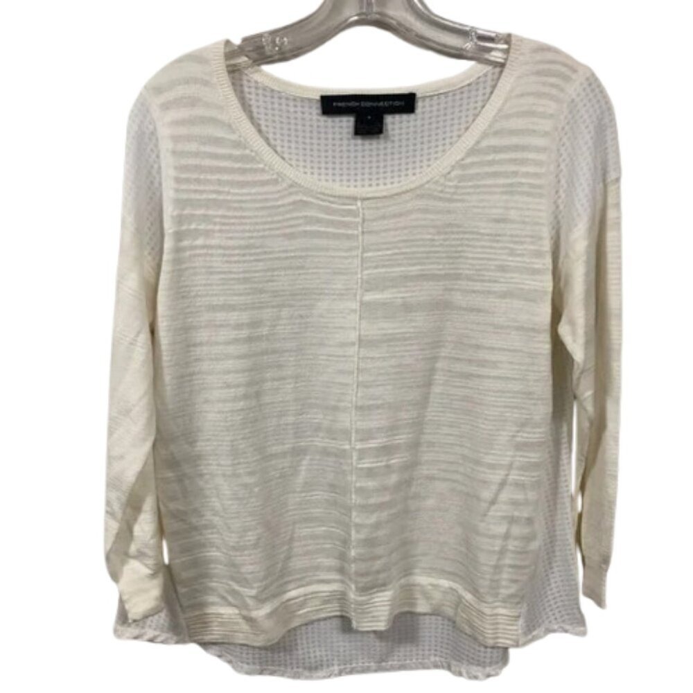 French Connection Cream Mixed Media Scoop Neck Sheer Back Knit Top Small